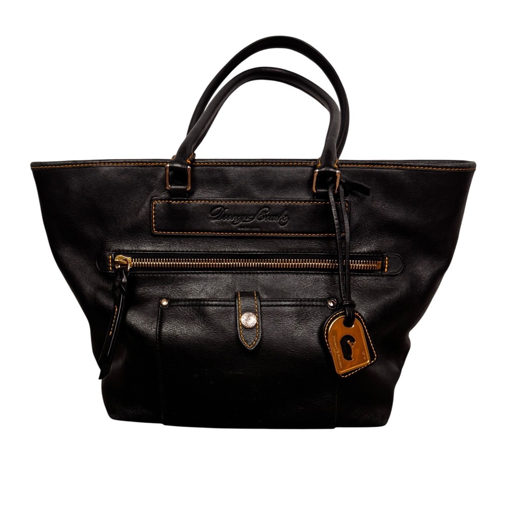 Dooney & Bourke Black Florentine Leather Tote Bag Contrast Stitching Gold Duck